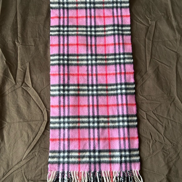 Pink Plaid Burberry Cashmere Fringe Trim Scarf - Picture 10 of 14